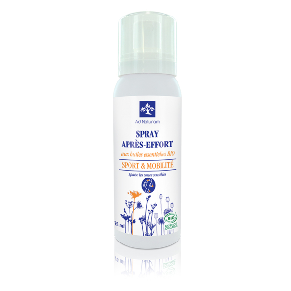 Spray Apres effort aux huiles essentielles BIO Ad Naturam. Apaise les zone sensibles pour le sport et la mobilité
