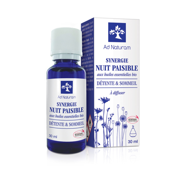 Synergie Nuit Paisible aux huiles essentielles BIO Ad Naturam, à diffuser favorise la détente et le sommeil